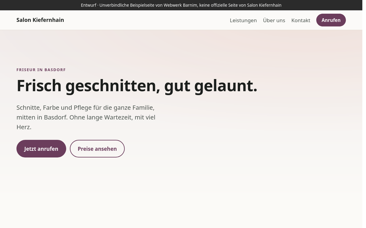 Startseite der Beispielseite Salon Kiefernhain